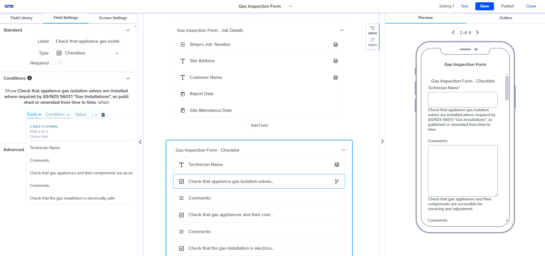 A screenshot of the Conditions tab in field settings.